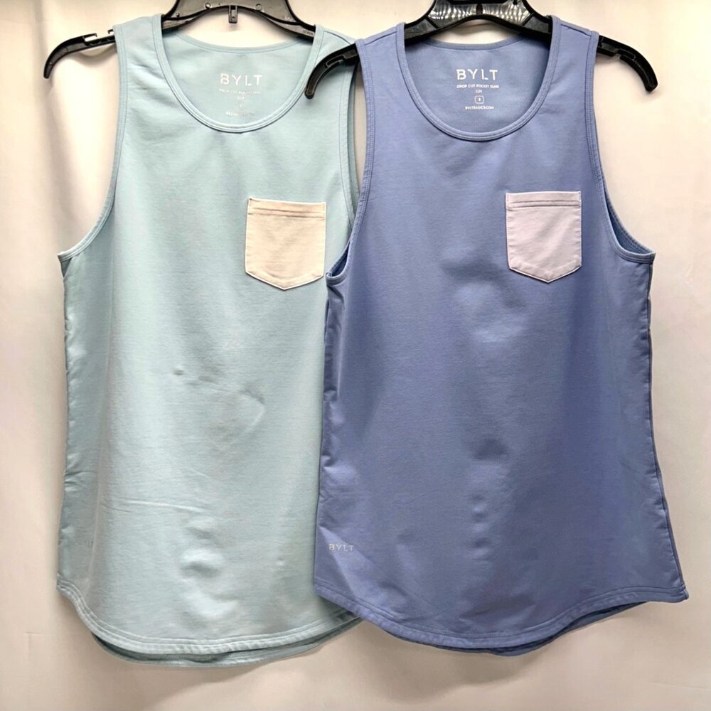 BYLT Drop Out Pocket Tanks Men's S Blue/Aqua Cotton Blend Athletic Vacation Casu